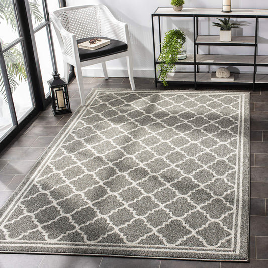 SAFAVIEH Amherst Collection Area Rug - 8' Square, Dark Grey & Beige, Moroccan Trellis Design, Non-Shedding & Easy Care, Ideal for High Traffic Areas in Living Room, Bedroom (AMT422R)