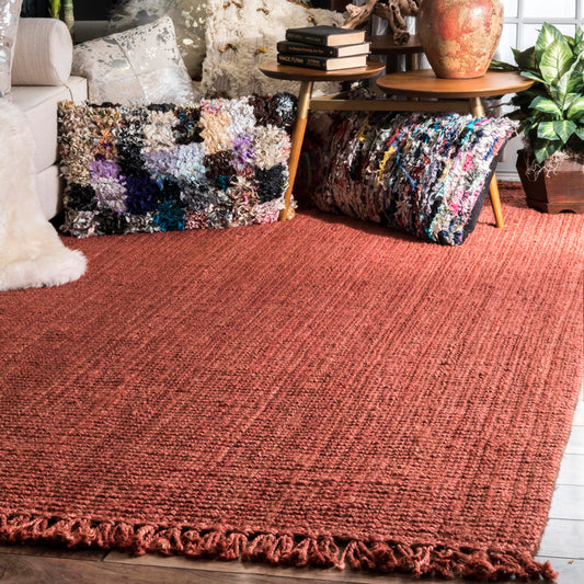nuLOOM 5x8 Daniela Jute Tassel Hand Woven Area Rug, Brick, Solid Chunky Farmhouse Design, Natural Fiber, For Bedroom, Dining Room, Living Room, Hallway, Office, Entryway