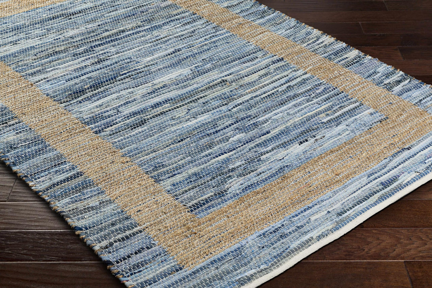 Hauteloom Nobel Recycled Material Living Room, Bedroom Area Rug - Border Striped Abstract - Contemporary Modern Coastal Boho Farmhouse - Mocha, Charcoal, Rose Cream, Blue, Tan - 27" x 45"