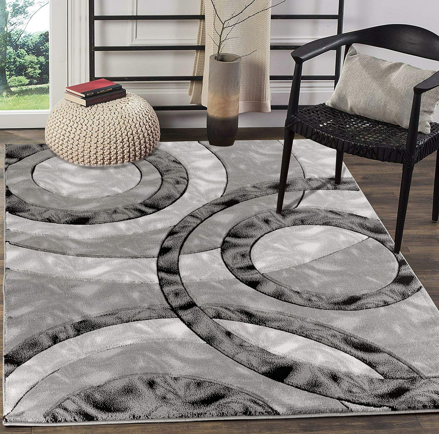 GLORY RUGS Area Rug Modern 8x10 Grey Black Circles Geometry Soft Hand Carved Contemporary Floor Carpet Fluffy Texture for Indoor Living Dining Room and Bedroom Area