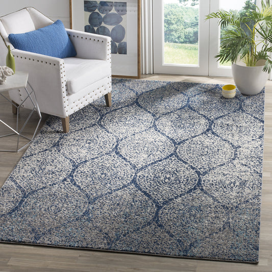 SAFAVIEH Madison Collection Area Rug - 6'7" x 9'2", Navy & Silver, Glam Ogee Trellis Distressed Design, Non-Shedding & Easy Care, Ideal for High Traffic Areas in Living Room, Bedroom (MAD604G)