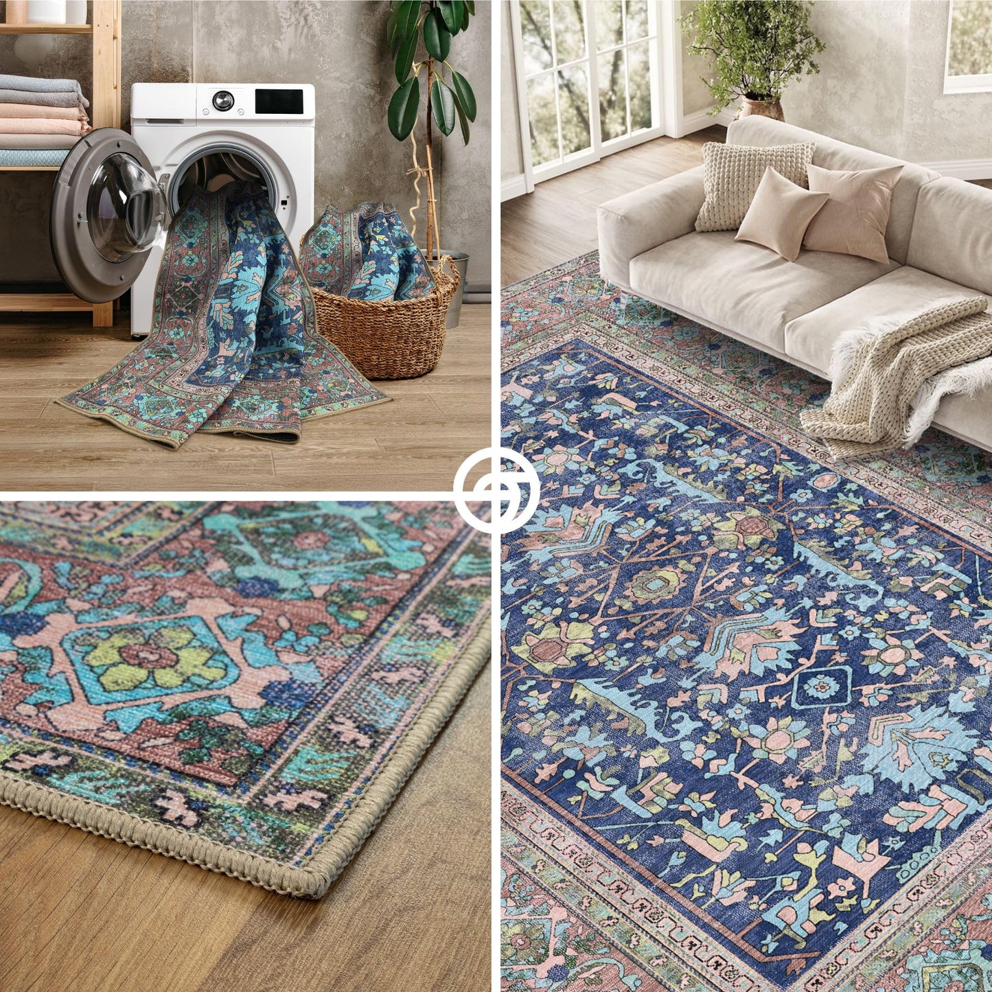 GIONARA Navy Blue Oushak Large Area Rug 8x10 - Washable Boho Rug Vintage Turkish Non-Slip Carpet Non-Shedding Extra Large Area Rugs for Living Room, Dining, Bedroom, Lounge, Farmhouse