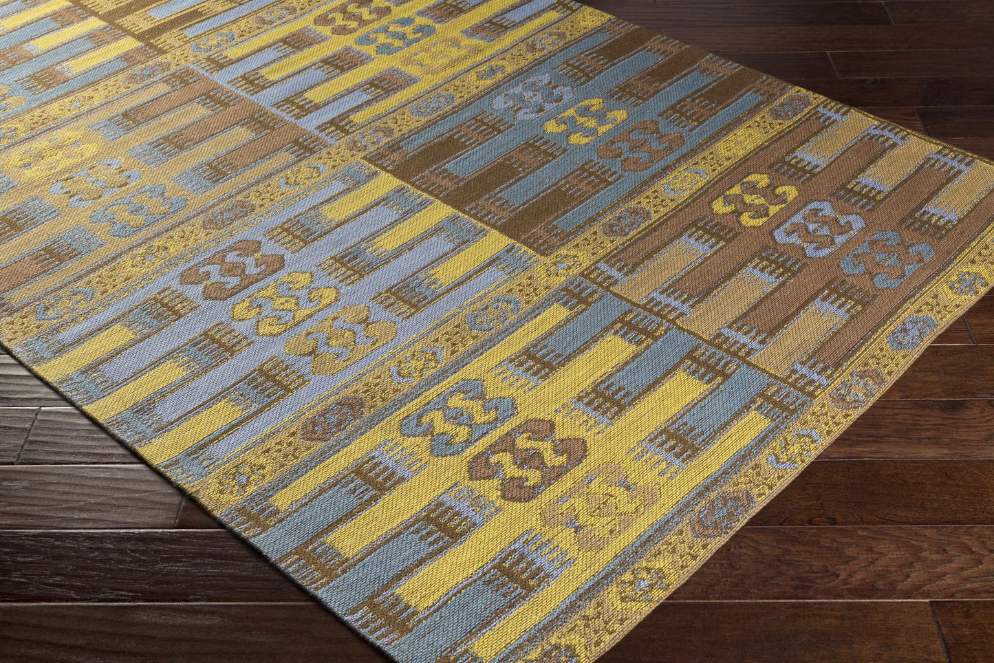 Hauteloom Bearden Recycled Material Area Rug - Geometric Striped Patchwork Abstract Border - Traditional Transitional Tribal Mid-Century Modern - Dark Red, Olive, Light Blue, Yellow, Brown - 2' x 3'