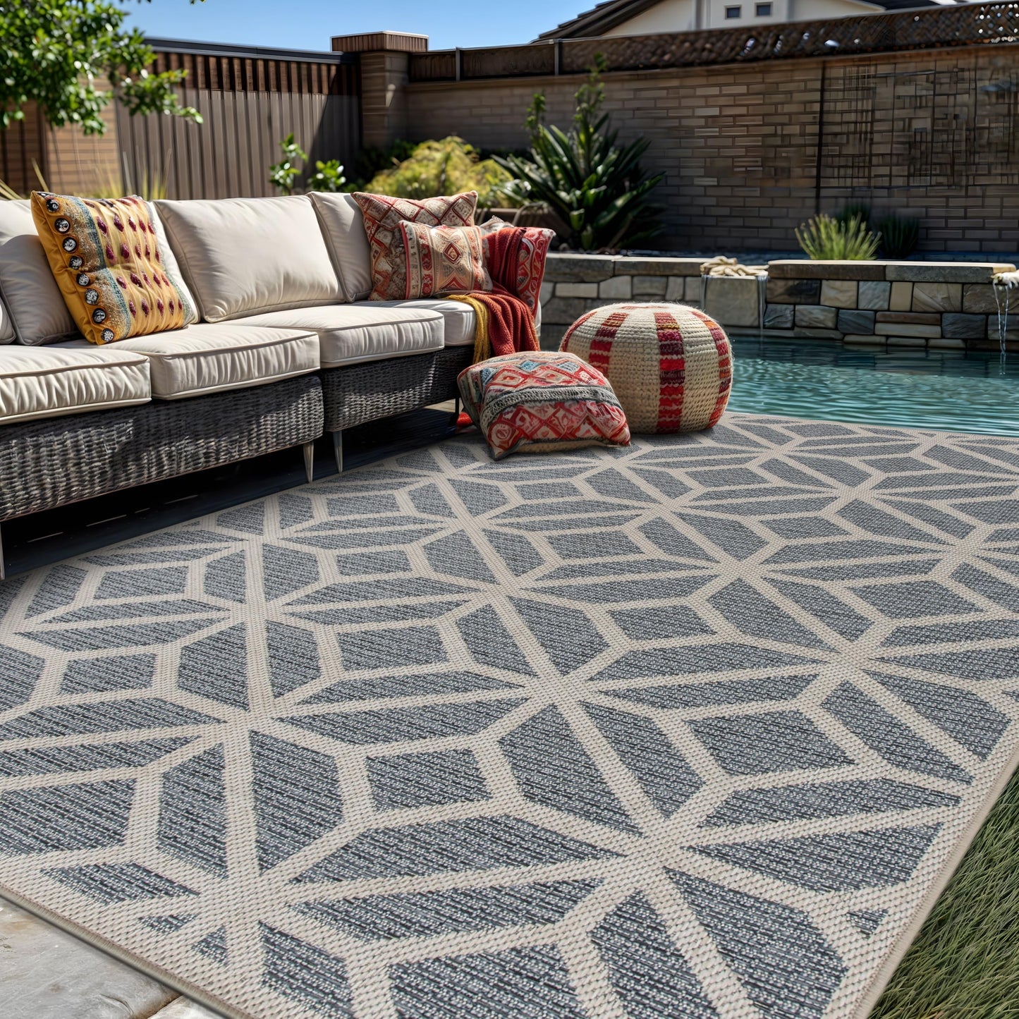 Rugshop Blue Contemporary Geometric Indoor/Outdoor Area Rug — Hose Washable for Living Room, Dining Room and Office, 9' x 12'
