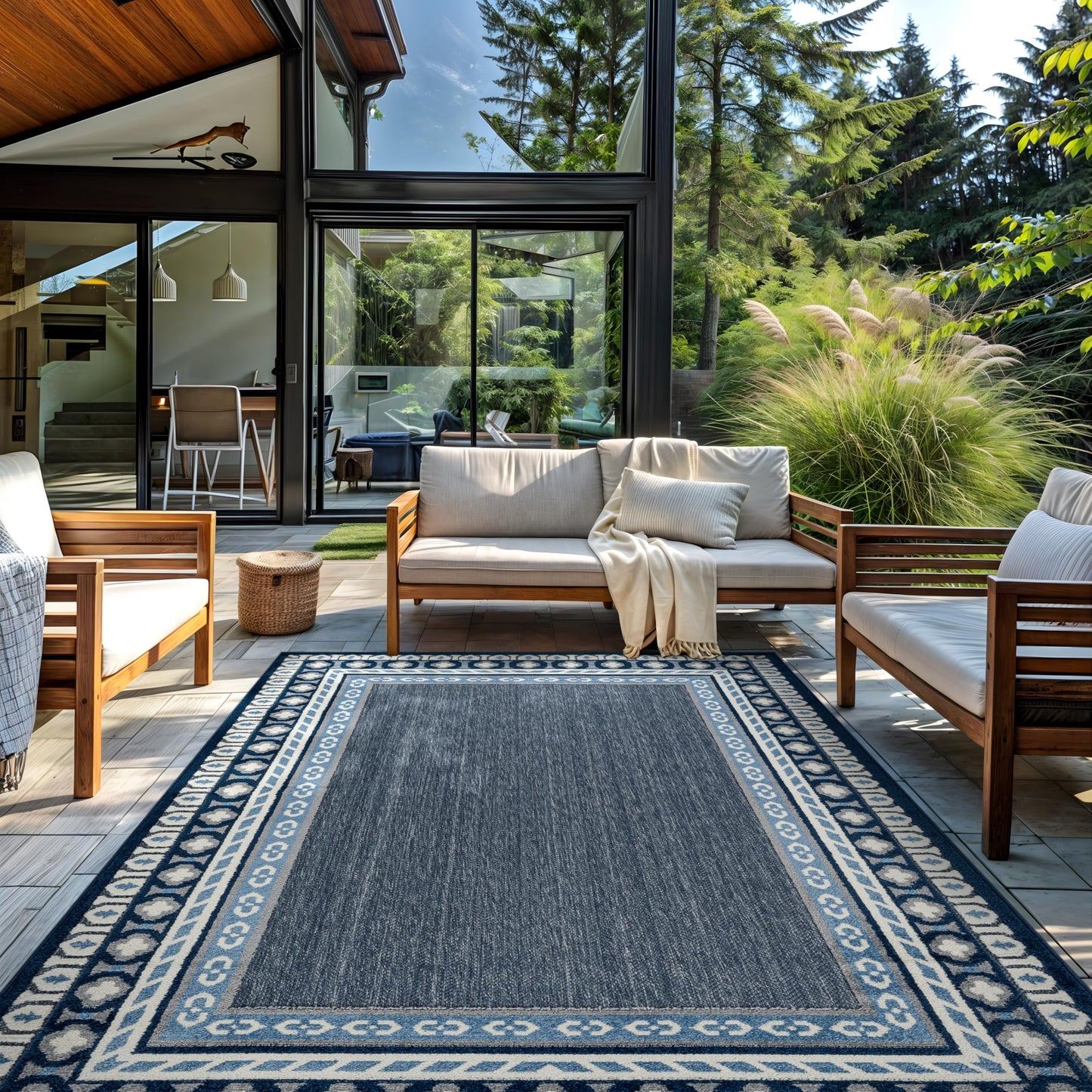 Rugshop Indoor/Outdoor High-Low Textured Area Rug, Coastal Border, Easy-Clean Patio Rug for Porch Deck Balcony 7' 10" x 10' Navy