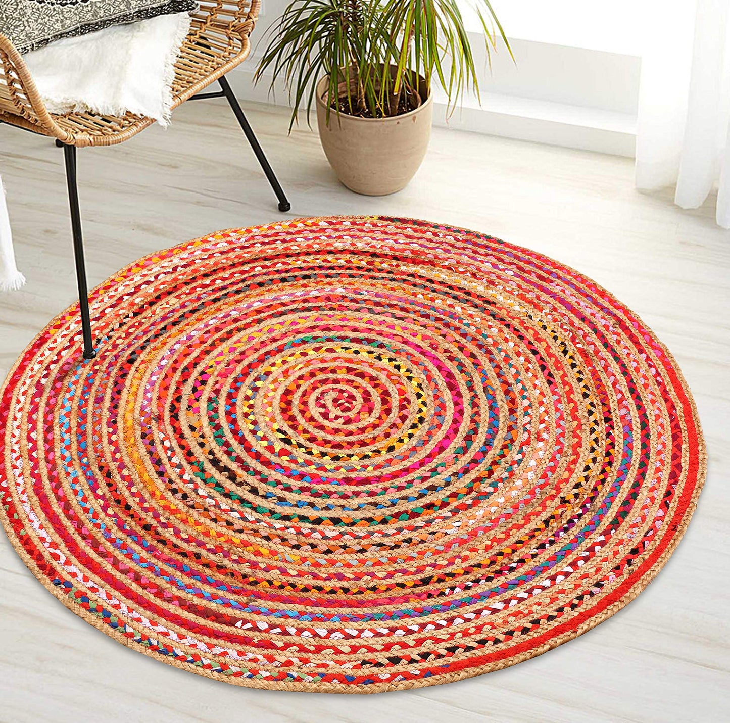 Lightnpro Bohemian Braided Rug 4 Feet Round - Multi Color, Circle Farmhouse Jute Cotton Area Rag Rug for Kitchen, Kids Bedroom, Playroom | Colorful Hand Woven Reversible Pet Friendly Carpet
