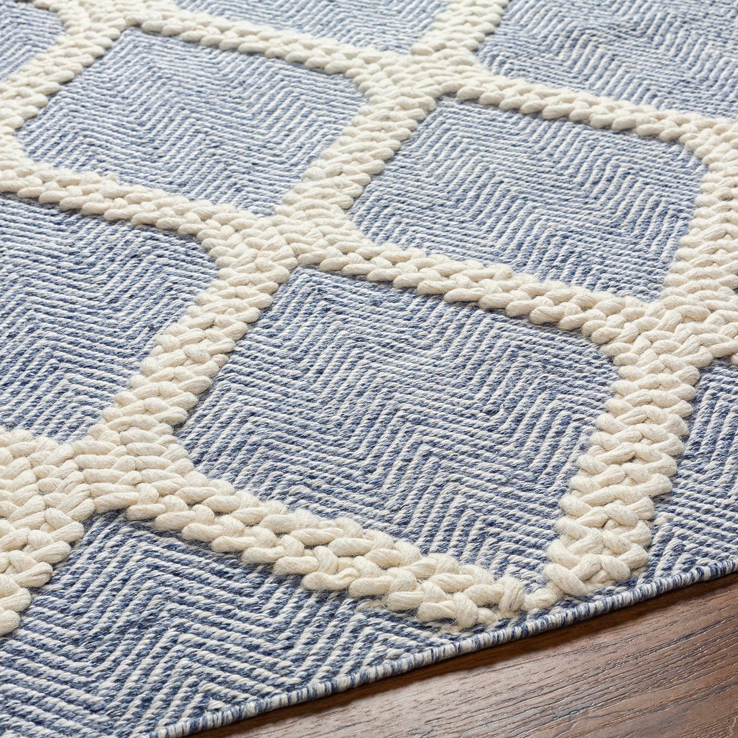 Hauteloom Ecolux Recycled Material Living Room, Bedroom Area Rug - Geometric Diamond Trellis Lattice Herringbone - Contemporary Scandinavian Modern Minimalist Nordic - Blue, Cream, Light - 27" x 45"