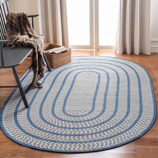 SAFAVIEH Braided Collection 3' x 5' Oval Ivory/Blue BRD401A Handmade Country Cottage Reversible Area Rug