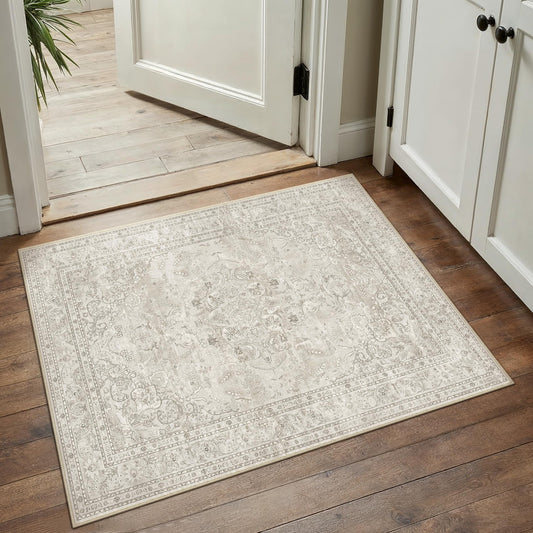 PureCozy Beige 2x3 Area Rug Washable Vintage Small Carpet for Entryway Kitchen Soft Retro Floral Low Pile Thin Door Mat Non Slip Central Medallion Throw Rug for Bathroom Office Bedroom Dining Room