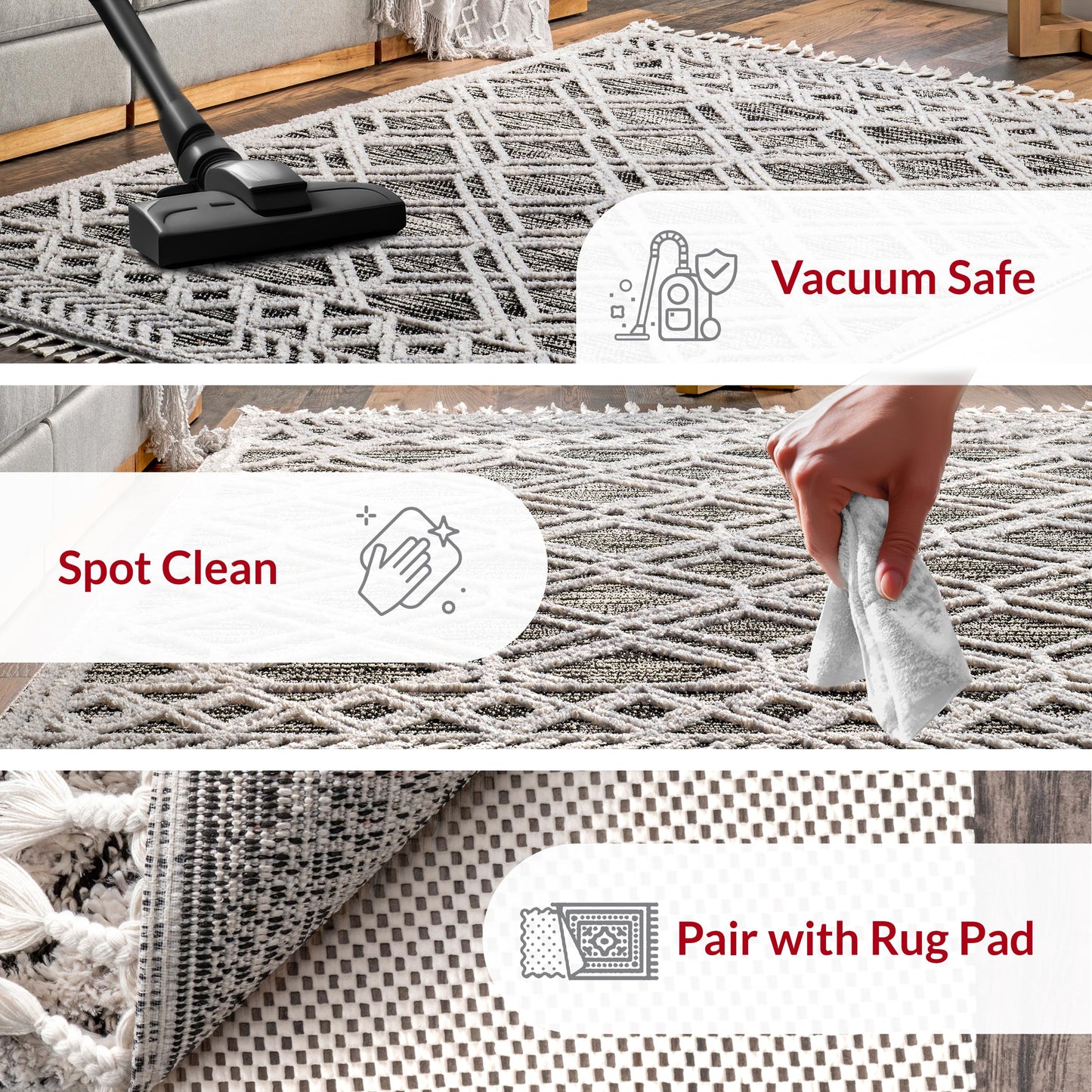 nuLOOM 8x11 Ansley Moroccan Tassel Area Rug, Grey, High-Low Textured Bohemian Design, Plush High Pile, Stain Resistant, For Bedroom, Living Room, Hallway, Entryway