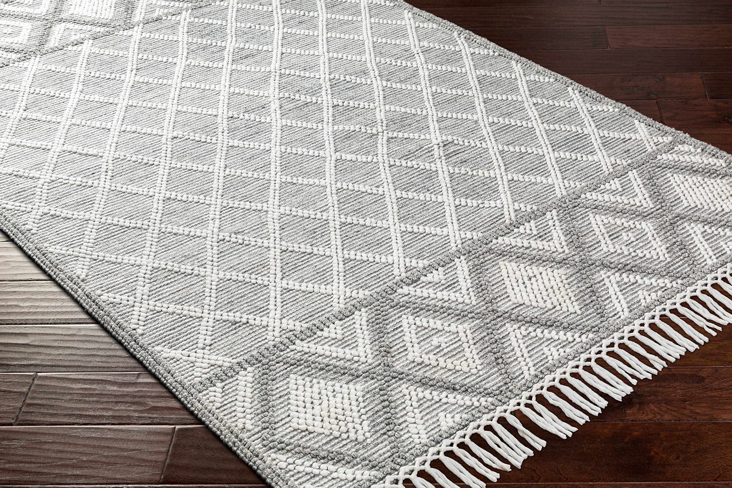 Hauteloom Jaya Recycled Material Area Rug - Geometric Diamond Trellis Lattice Border - Bohemian Transitional Boho Moroccan Tribal - Slate Blue, Charcoal, Off - White, Gray, White - 27" x 45"