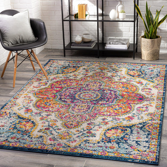 Livabliss Area Rugs - 4x6 Romaine Vintage Boho Fuchsia Mustard Blue Area Rug for Living Room Bedroom - Floral Medallion Stain Resistant Carpet for Kitchen, Nursery, Office (3'11" x 5'7")