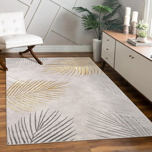 Paco Home Designer Rug with Textured Palm Leaf Pattern in Cream Gold, Size: 5'3" x 7'7"