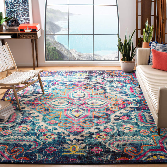 SAFAVIEH Monaco Collection Area Rug - 9' x 12', Blue & Fuchsia, Transitional Design, Slip Resistant & Stain Resistant, Ideal for High Traffic Areas in Living Room, Bedroom & Dining Room (MNC252J-9)