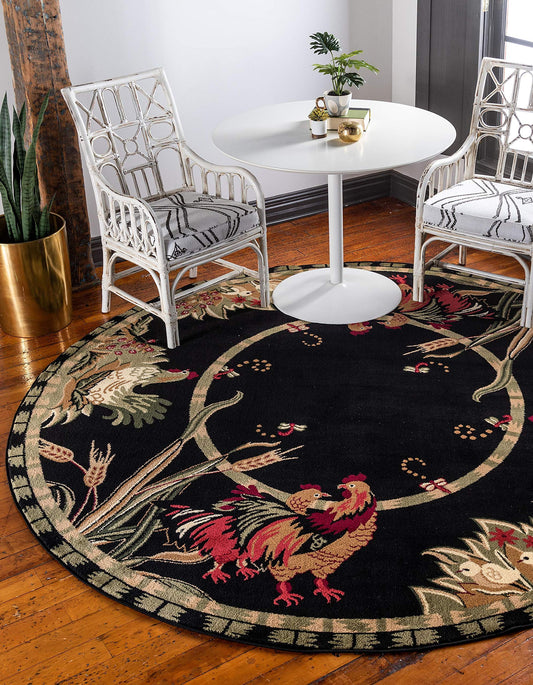 Unique Loom Barnyard Collection Area Rug - Farm (4' 1" Round, Black/ Cream)