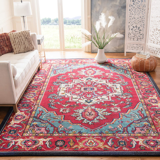 SAFAVIEH Monaco Collection Area Rug - 9' x 12', Red & Turquoise, Boho Oriental Medallion Design, Non-Shedding & Easy Care, Ideal for High Traffic Areas in Living Room, Bedroom (MNC207C)