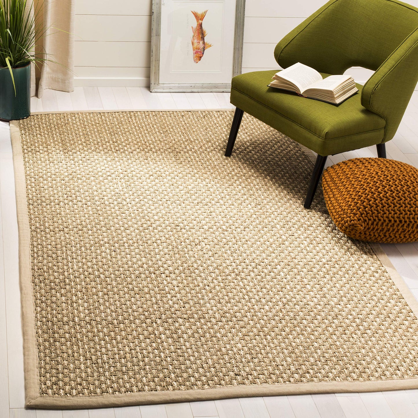 SAFAVIEH Area Rug 3x5 - Natural Fiber Collection - Natural & Beige, Seagrass, Basketweave Pattern with Border, Ideal for Living Room, Bedroom, Dining Space (NF118A)