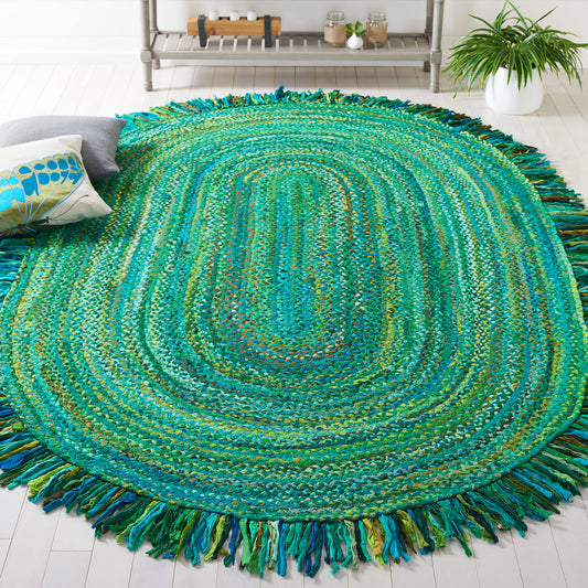 SAFAVIEH Braided Collection Area Rug - 6' x 9' Oval, Green, Handmade Boho Fringe Reversible Cotton, Ideal for High Traffic Areas in Living Room, Bedroom (BRD451Y)