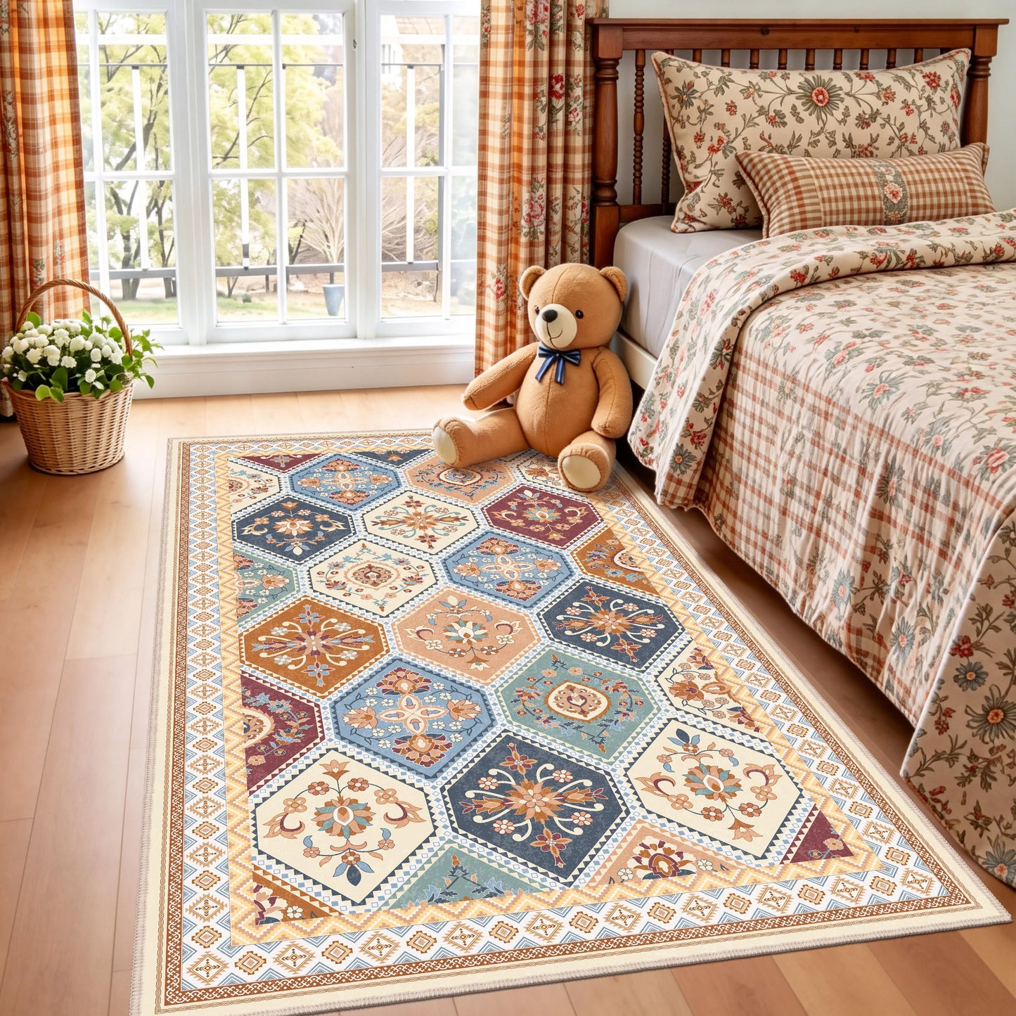 TTelephant 3x5 Washable Rug, Soft Non-Slip Boho Moroccan Rug, Low-Pile Printed Indoor Throw Rugs for Entryway, Kitchen, Bedroom Bedside, Entrance- Multi