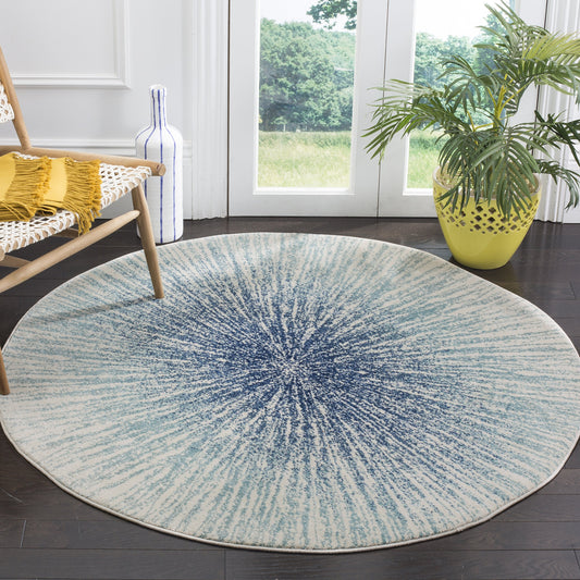 SAFAVIEH Evoke Collection Area Rug - 6'7" Round, Royal & Ivory, Abstract Burst Design, Non-Shedding & Easy Care, Ideal for High Traffic Areas in Living Room, Bedroom (EVK228A)