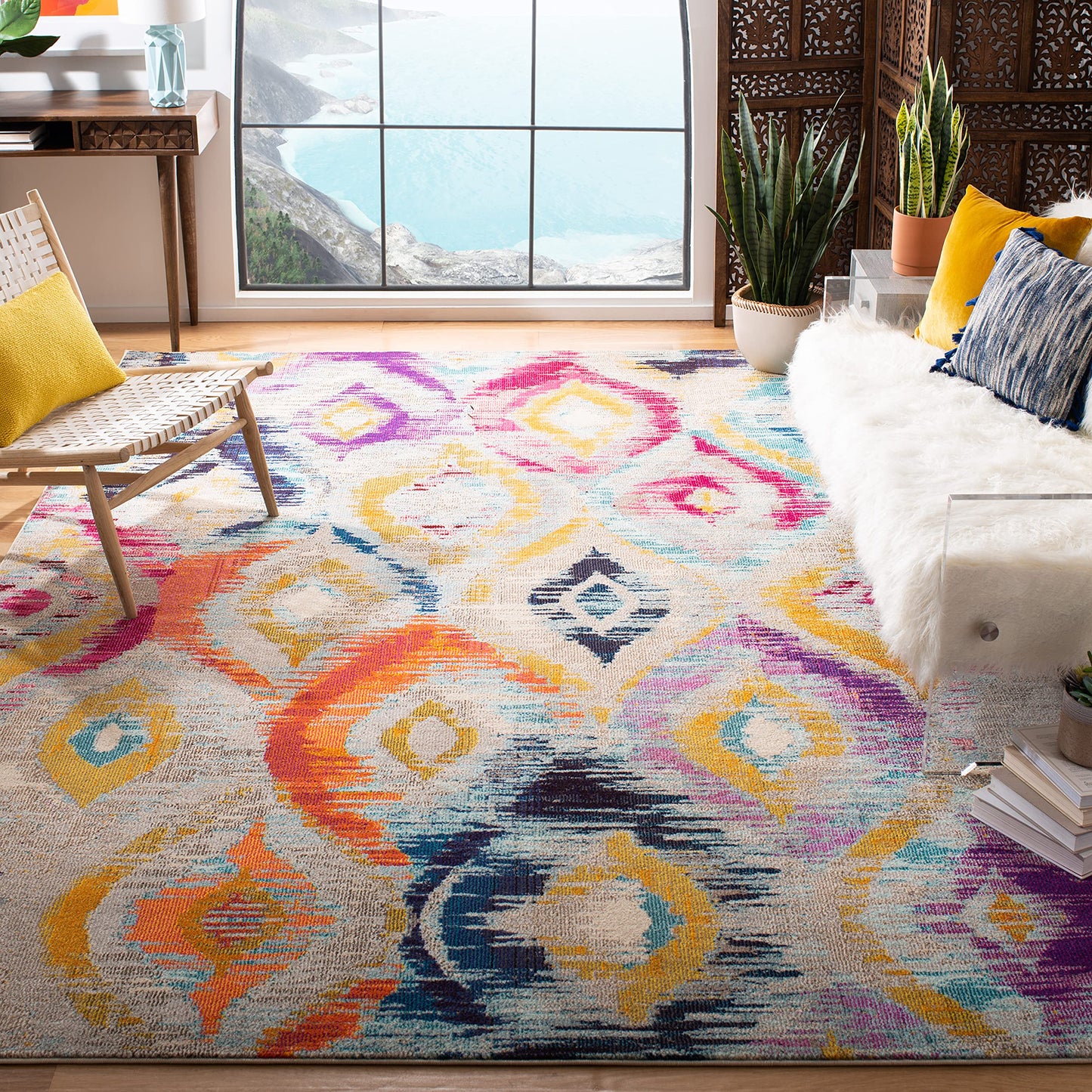 SAFAVIEH Monaco Collection Area Rug - 9' x 12', Multi, Ogee Trellis Watercolor Distressed Design, Non-Shedding & Easy Care, Ideal for High Traffic Areas in Living Room, Bedroom (MNC242F)