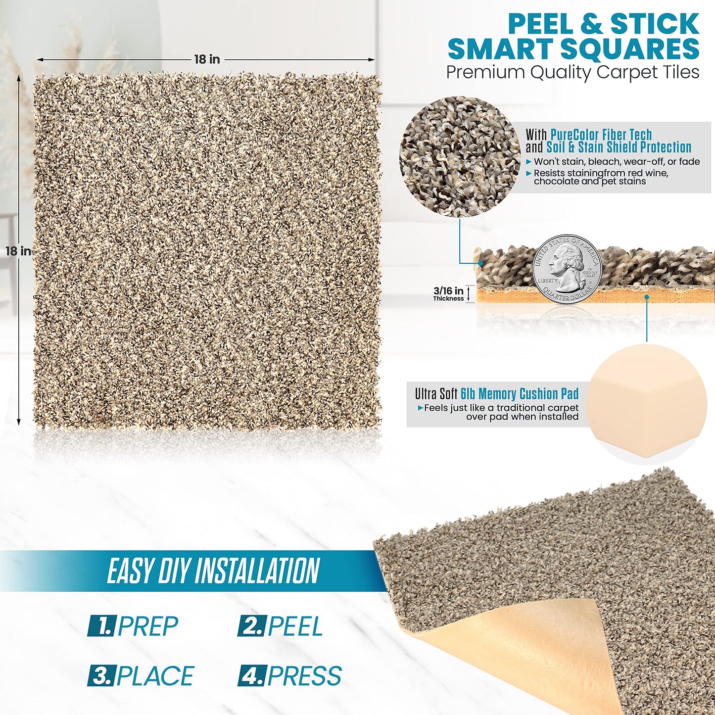 Eclipse Peel and Stick Carpet Tiles w/Attached Cushion, Easy DIY Install, Soft Residential Carpet, American Made, Seamless Appearance, Plush, Great for Area Rug (10 Tiles - 22.5 Square Feet, Sunset)
