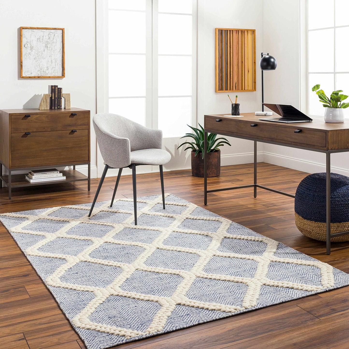Hauteloom Ecolux Recycled Material Living Room, Bedroom Area Rug - Geometric Diamond Trellis Lattice Herringbone - Contemporary Scandinavian Modern Minimalist Nordic - Blue, Cream, Light - 27" x 45"
