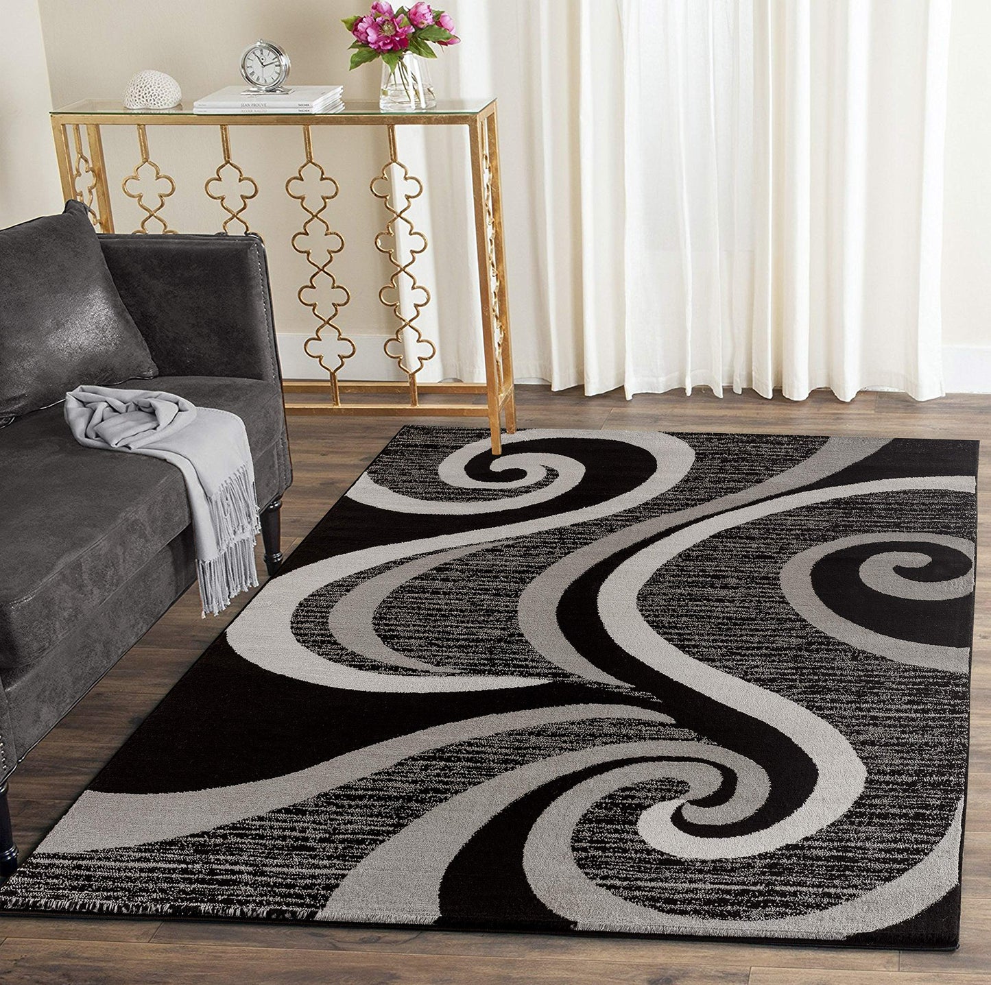 GLORY RUGS Modern Area Rug 8x10 Black Gray Swirls Carpet Bedroom Living Room Contemporary Dining Accent Sevilla Collection 4817A (8x10, Black)