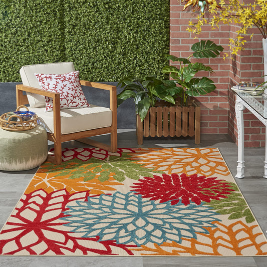 Nourison Home Aloha Indoor/Outdoor Green 5'3" x 7'5" Area Rug, Tropical, Botanical, Easy Clean, Non Shedding, Bed Room, Living Room, Dining Room, Deck, Backyard, Patio (5x7)
