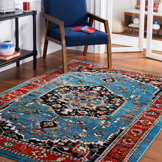 SAFAVIEH Vintage Hamadan Collection Accent Rug - 4' x 6', Blue & Red, Oriental Medallion Design, Non-Shedding & Easy Care, Ideal for High Traffic Areas in Entryway, Living Room, Bedroom (VTH266M)