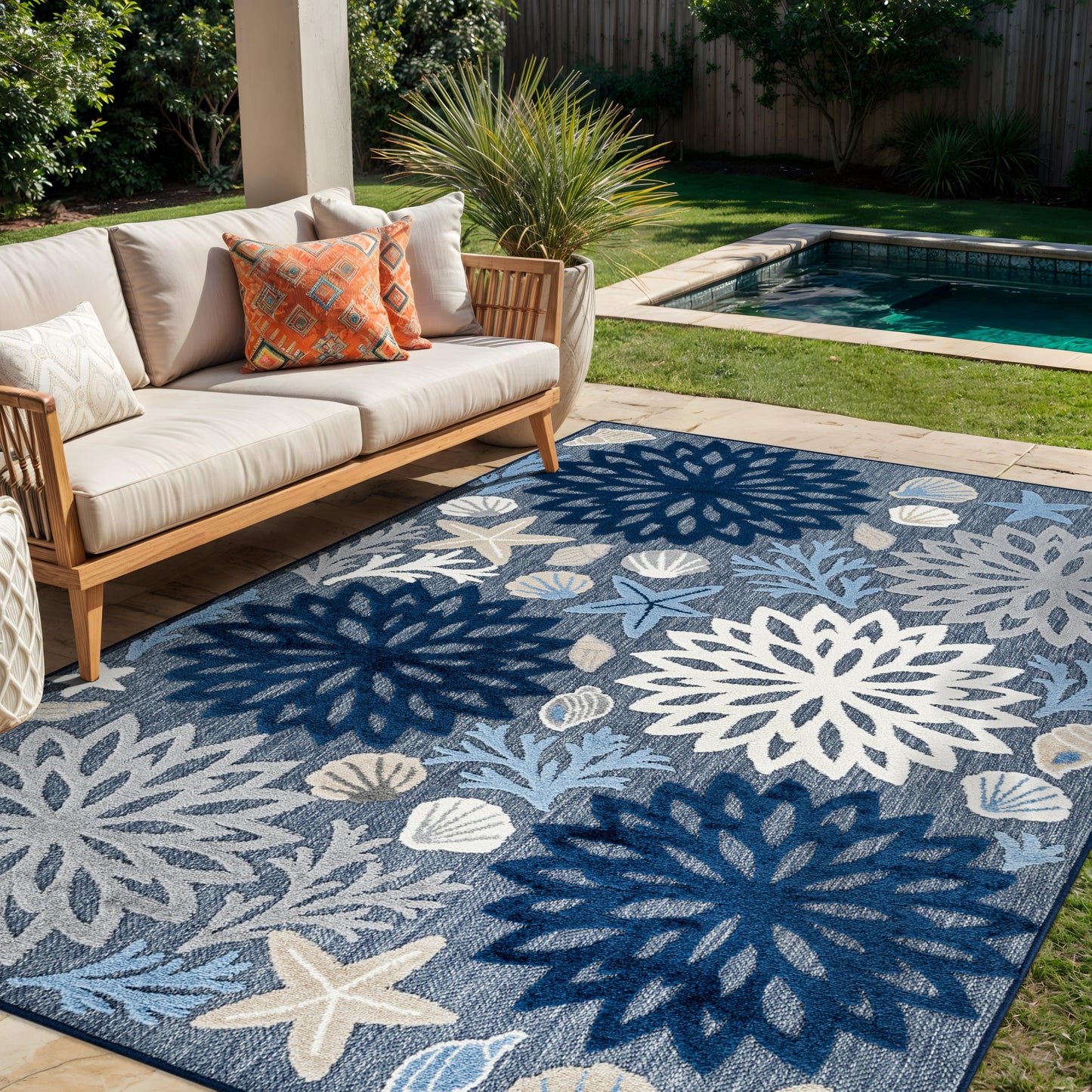 Rugshop Indoor/Outdoor High-Low Textured Area Rug, Coastal Floral, Easy-Clean Patio Rug for Porch Deck Balcony 5' x 7' Navy