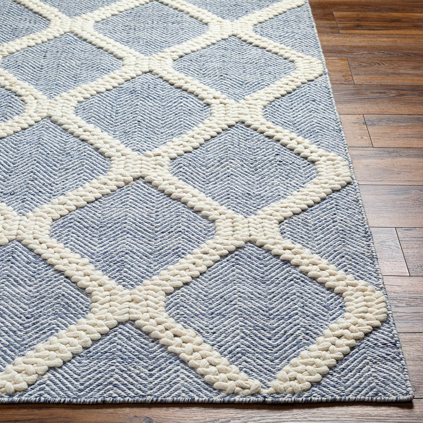 Hauteloom Ecolux Recycled Material Living Room, Bedroom Area Rug - Geometric Diamond Trellis Lattice Herringbone - Contemporary Scandinavian Modern Minimalist Nordic - Blue, Cream, Light - 27" x 45"
