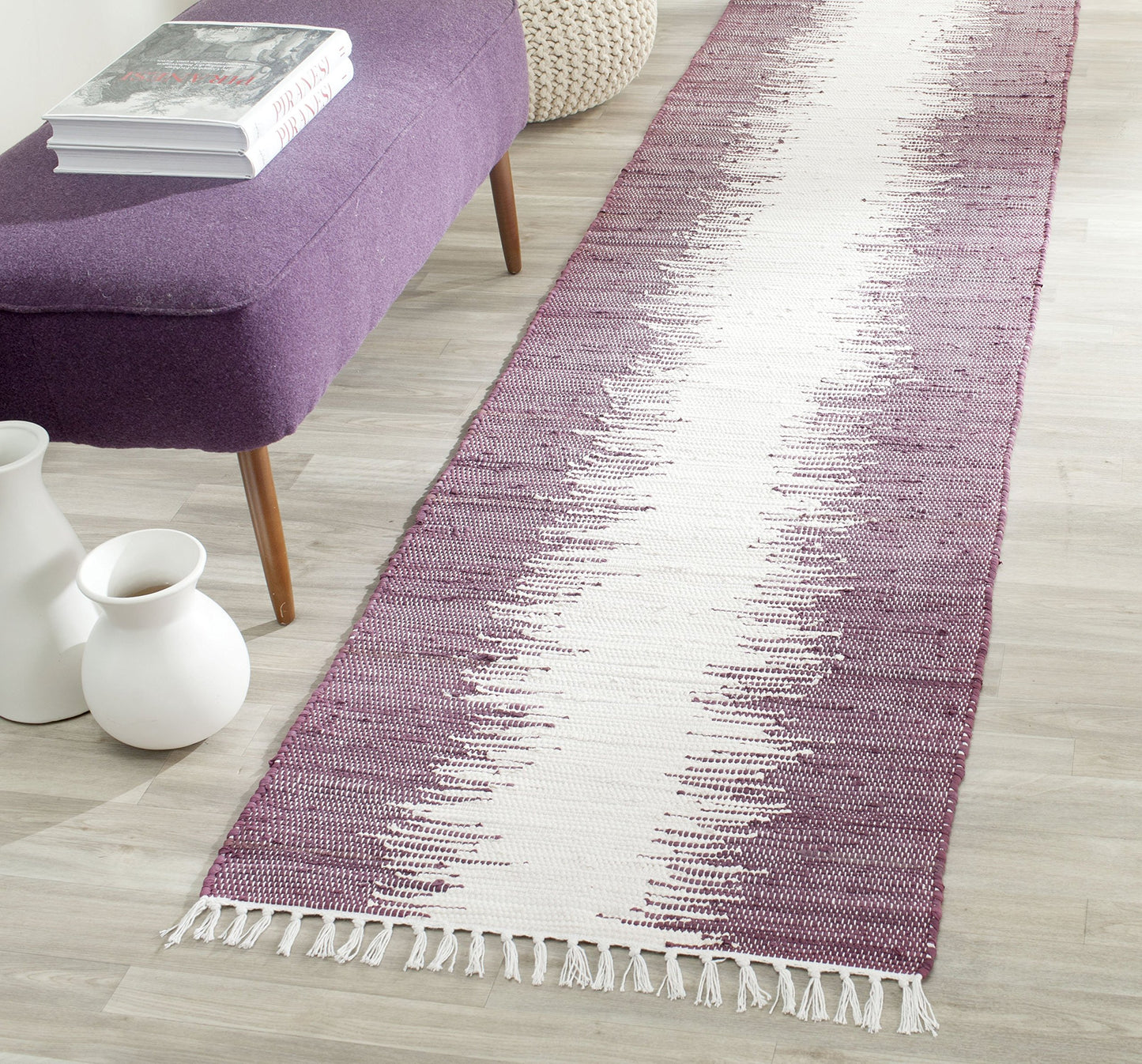 SAFAVIEH Montauk Collection Runner Rug - 2'3" x 7', Purple, Handmade Stripe Fringe Cotton, Ideal for High Traffic Areas in Living Room, Bedroom (MTK751D)