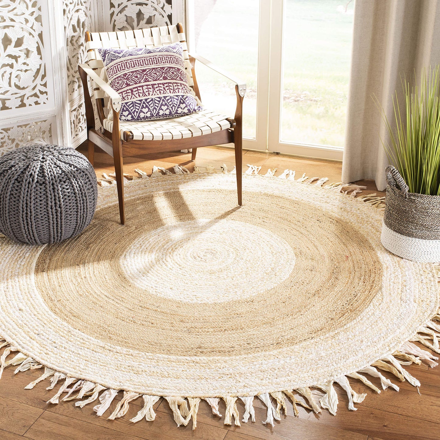 SAFAVIEH Cape Cod Collection Area Rug - 6' Round, Beige & Natural, Handmade Boho Fringe Jute & Cotton, Ideal for High Traffic Areas in Living Room, Bedroom (CAP701B)