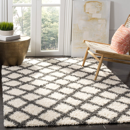 SAFAVIEH Dallas Shag Collection Area Rug - 8'6" x 12', Ivory & Dark Grey, Trellis Design, Non-Shedding & Easy Care, 1.5-inch Thick Ideal for High Traffic Areas in Living Room, Bedroom (SGDS258H)