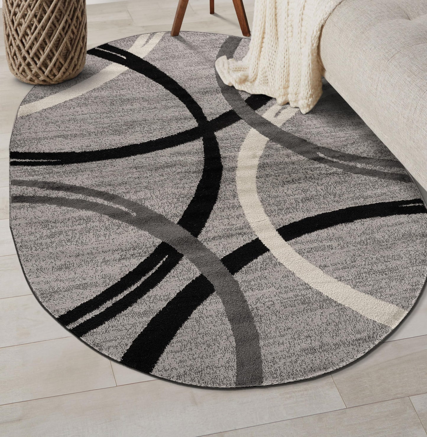 Rugshop Wavy Circles Design Oval Rug, Non-Shedding Carpet for Living Room, Dining Room, or Bedroom, Gray, 5' x 7' Oval