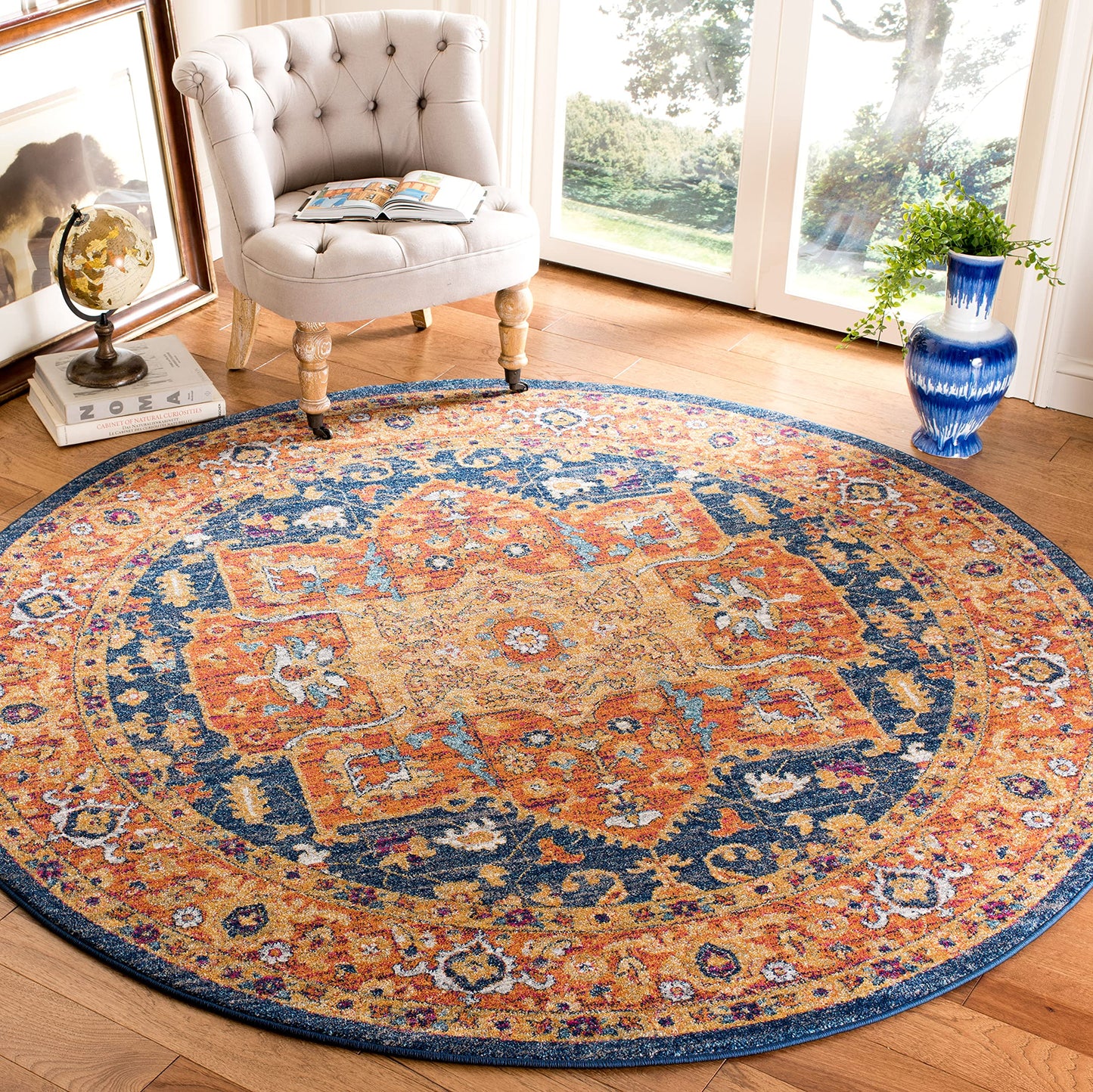 SAFAVIEH Evoke Collection Area Rug - 6'7" Round, Blue & Orange, Oriental Medallion Distressed Design, Non-Shedding & Easy Care, Ideal for High Traffic Areas in Living Room, Bedroom (EVK275C)