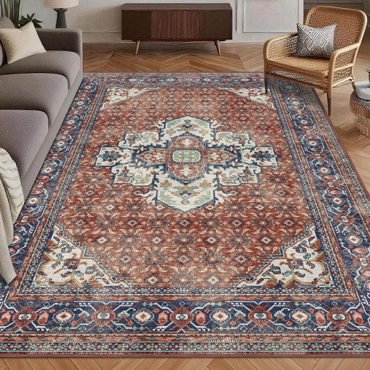 Washable Area Rug 5' x 7' Vintage Traditional Persian Mat - Foldable Distressed Non-Slip Machine Washable Carpet for Living Room Bedroom Kitchen Home Decor - Terracotta and Navy