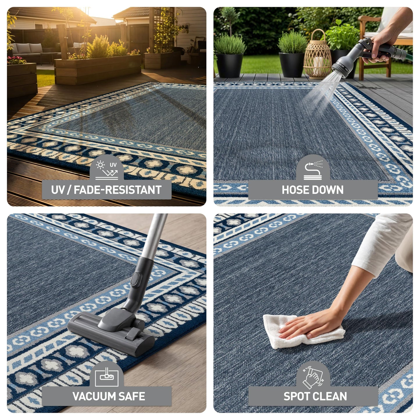 Rugshop Indoor/Outdoor High-Low Textured Area Rug, Coastal Border, Easy-Clean Patio Rug for Porch Deck Balcony 4' x 6' Navy