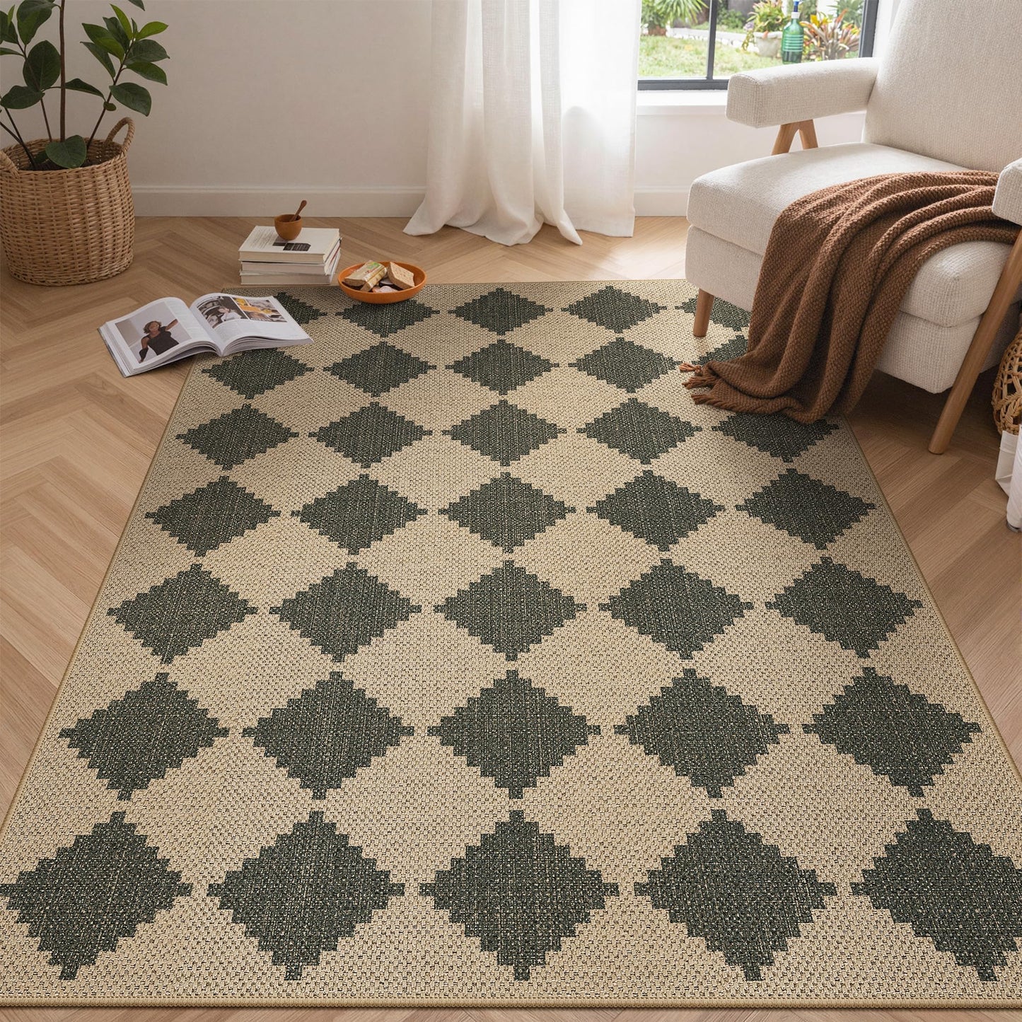Bavni Checkered Easy Jute Rug,3x5 Area Rug Machine Washable Non Slip Woven Plaid Carpet, Geometric Diamond Non Shedding Low Pile Modern Farmhouse Floor Mat for Living Room, Bedroom, Entryway