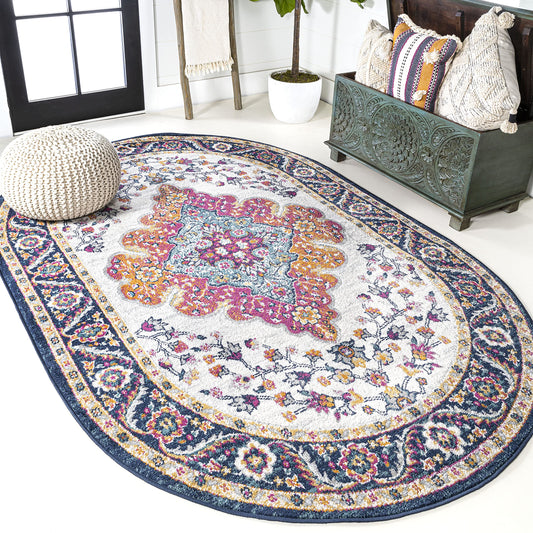 JONATHAN Y Boho Vintage Blue/Multi 4x6 Oval Area Rug, Bohemian Flair Medallion, Floral Easy-Cleaning High Traffic for Living Room, Bedroom, Kitchen, Pet-Friendly, Non Shedding (BMF106A-4OV)