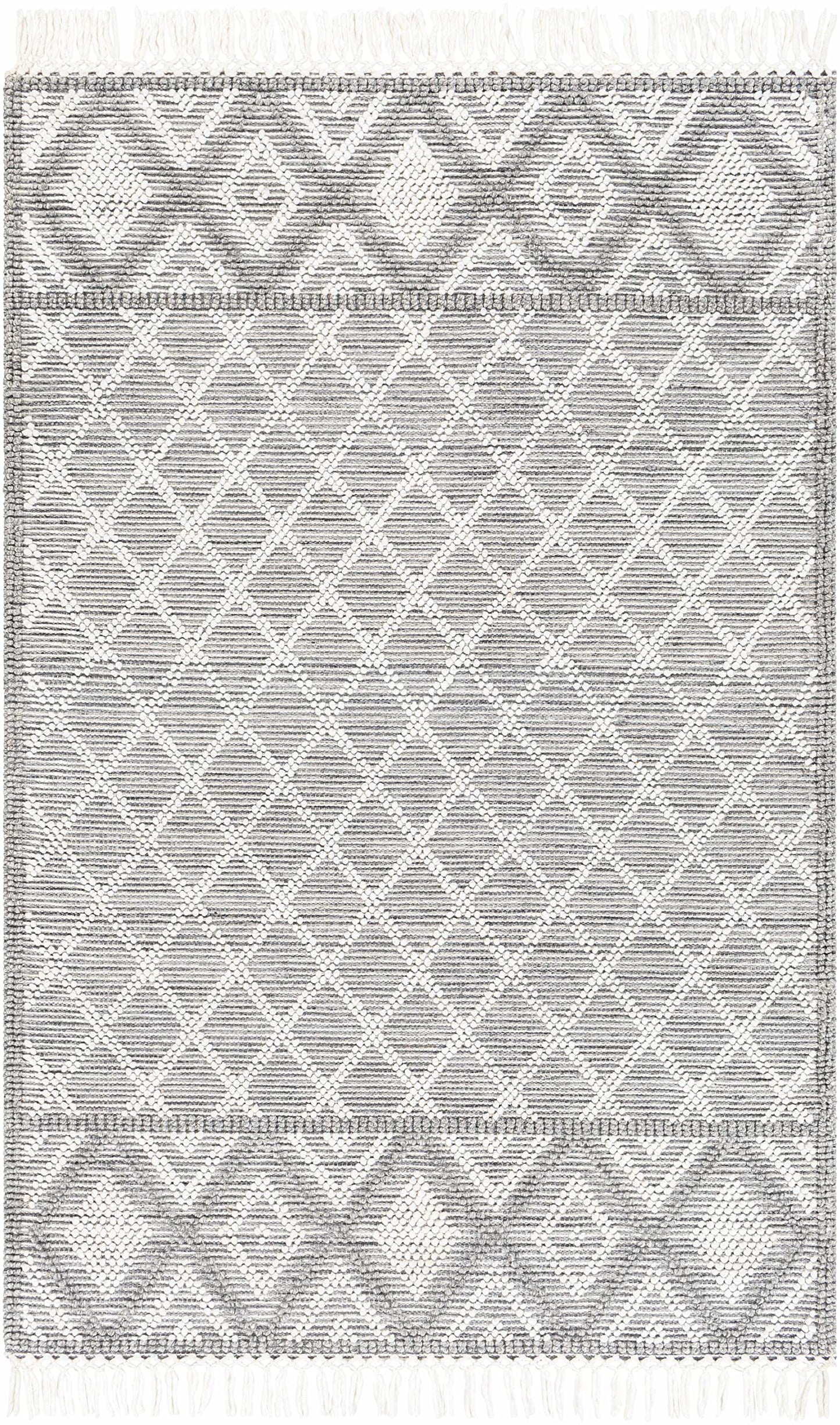 Hauteloom Jaya Recycled Material Area Rug - Geometric Diamond Trellis Lattice Border - Bohemian Transitional Boho Moroccan Tribal - Slate Blue, Charcoal, Off - White, Gray, White - 27" x 45"