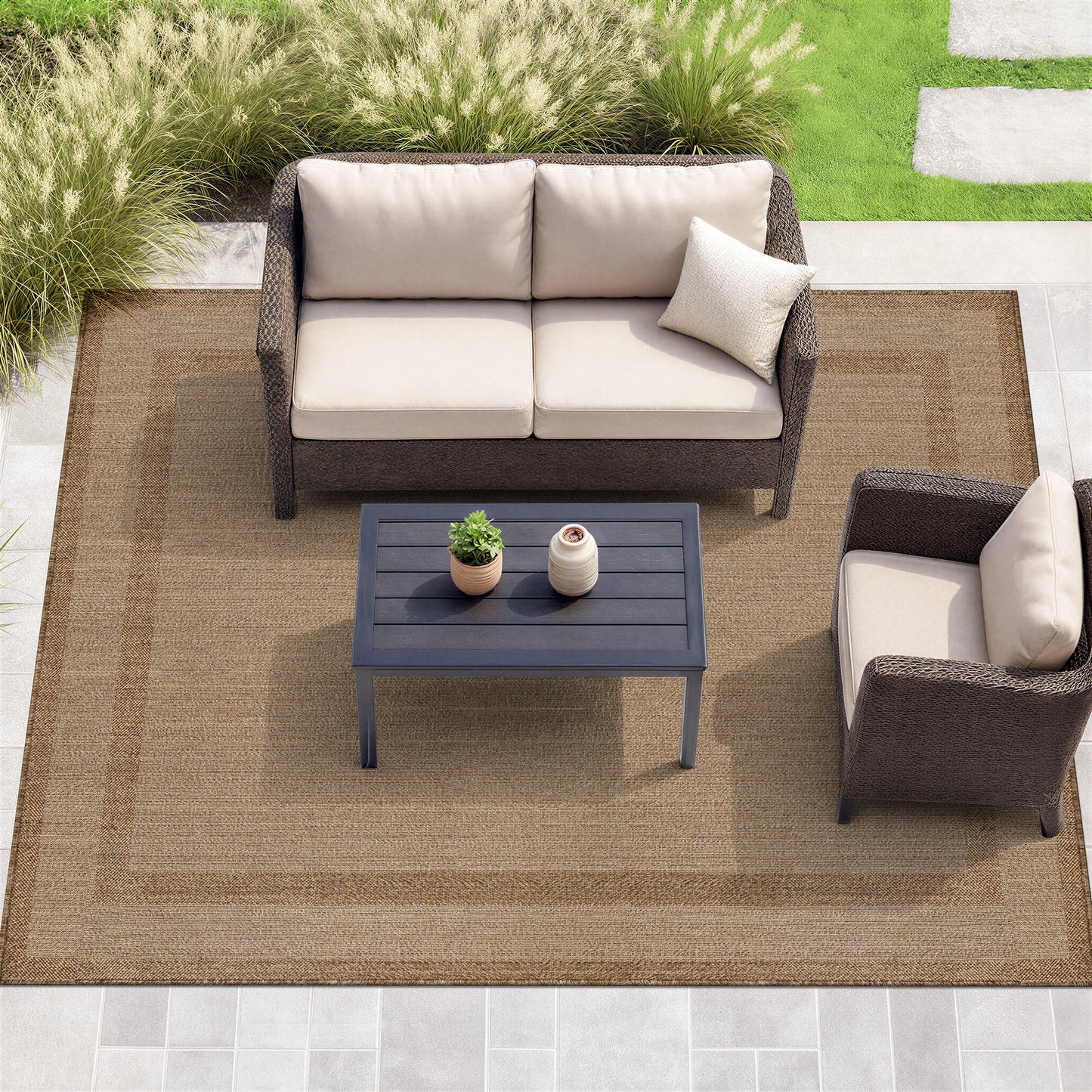 Rugshop Border Plain Indoor Outdoor Flat Woven Area Rug,Natural Jute-Style,Easy-Care Patio Rug for Backyard Porch Deck Balcony, 7'10" x 10' Sand/Natural