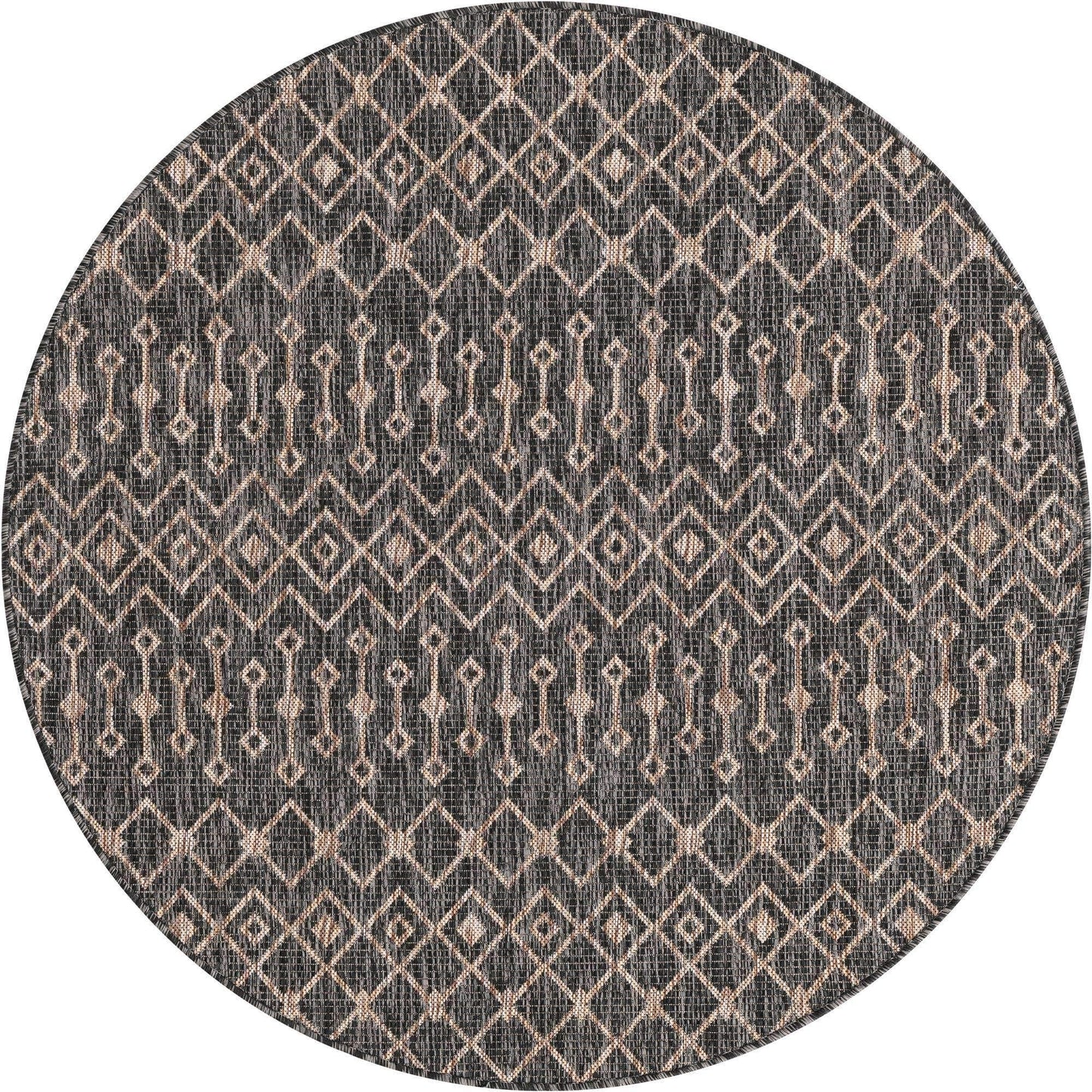 Unique Loom Outdoor Trellis Collection Area Rug - Tribal Trellis (5' 3" Round, Charcoal Gray/ Natural)