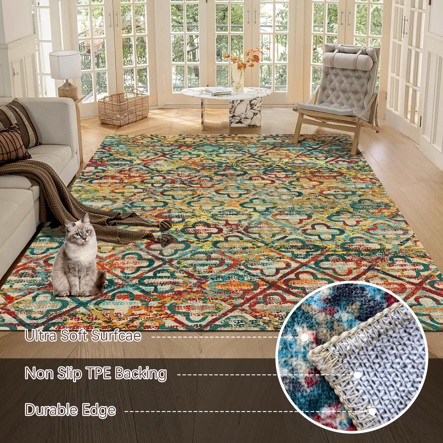 RUGSURE Washable Area Rugs, 8' x 10' - 1/6 Thick - Stain & Water Resistant Non-Slip - Perfect Resistant Rug for Living Room, Bedroom, Nursery, Pet & Child Friendly, Vibrant Colors Rugs, Multicolor