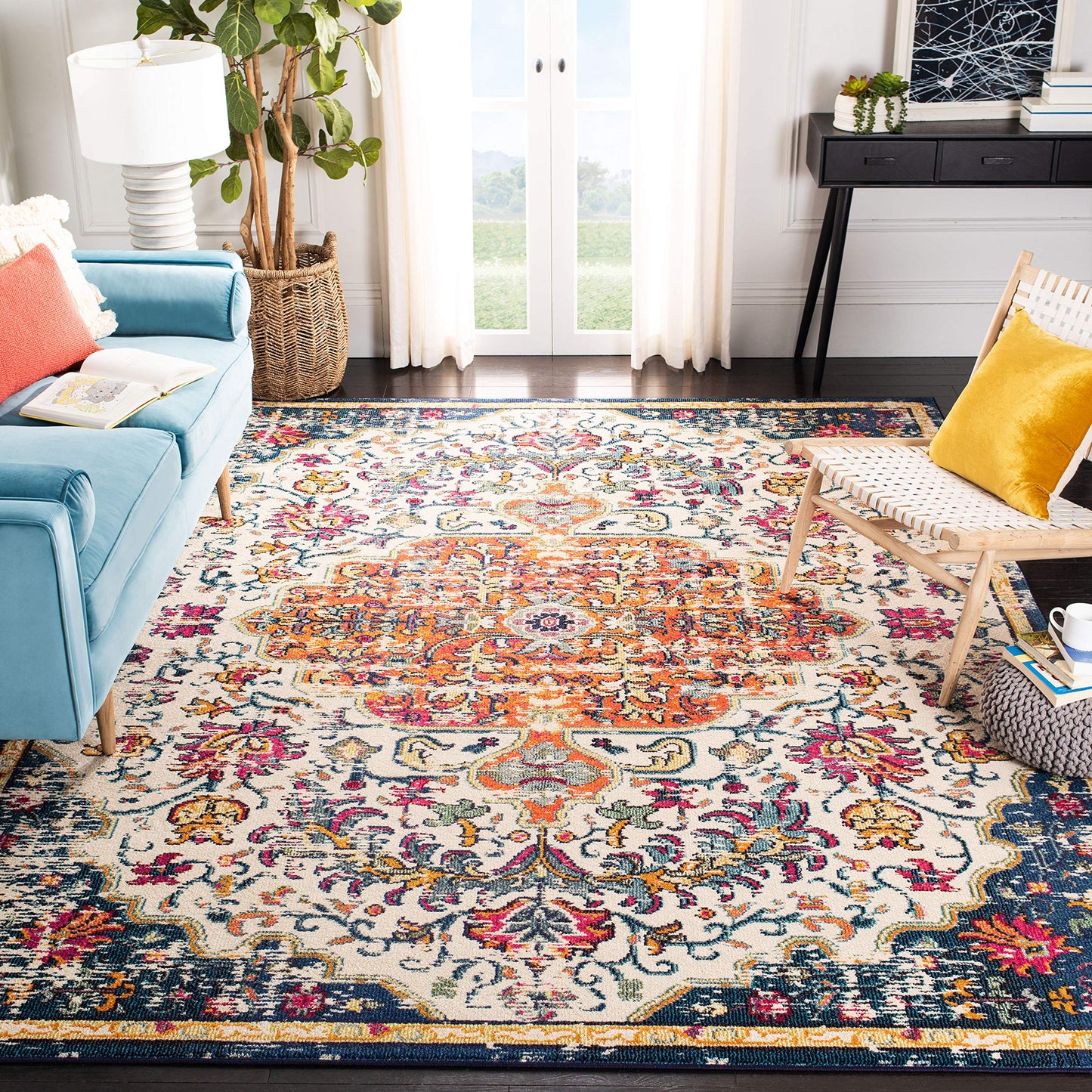 SAFAVIEH Madison Collection Area Rug - 9' x 12', Ivory & Orange, Boho Chic Medallion Distressed Design, Non-Shedding & Easy Care, Ideal for High Traffic Areas in Living Room, Bedroom (MAD447A)