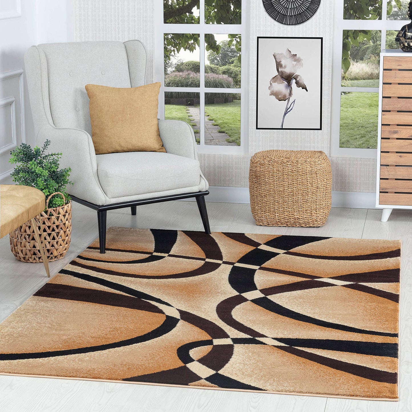 GLORY RUGS Modern Area Rug 5x7 Beige Swirls Carpet Bedroom Living Room Contemporary Dining Accent Sevilla Collection 4816A (Brown)