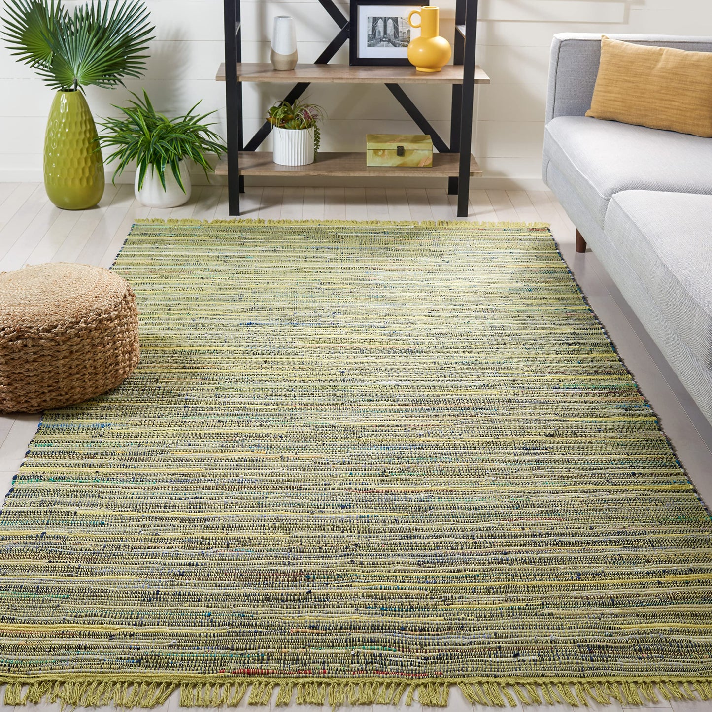SAFAVIEH Rag Rug Collection Area Rug - 5' x 8', Light Green & Multi, Handmade Boho Stripe Cotton, Ideal for High Traffic Areas in Living Room, Bedroom (RAR127D)