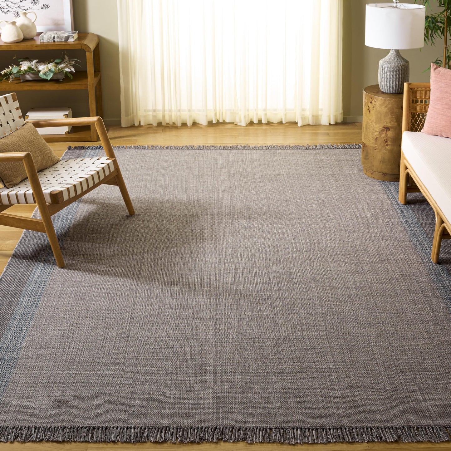 SAFAVIEH Montauk Collection Area Rug - 9' x 12', Blue & Grey, Handmade Flat Weave Boho Farmhouse Cotton Stripe Fringe, Ideal for High Traffic Areas in Living Room, Bedroom (MTK301M)
