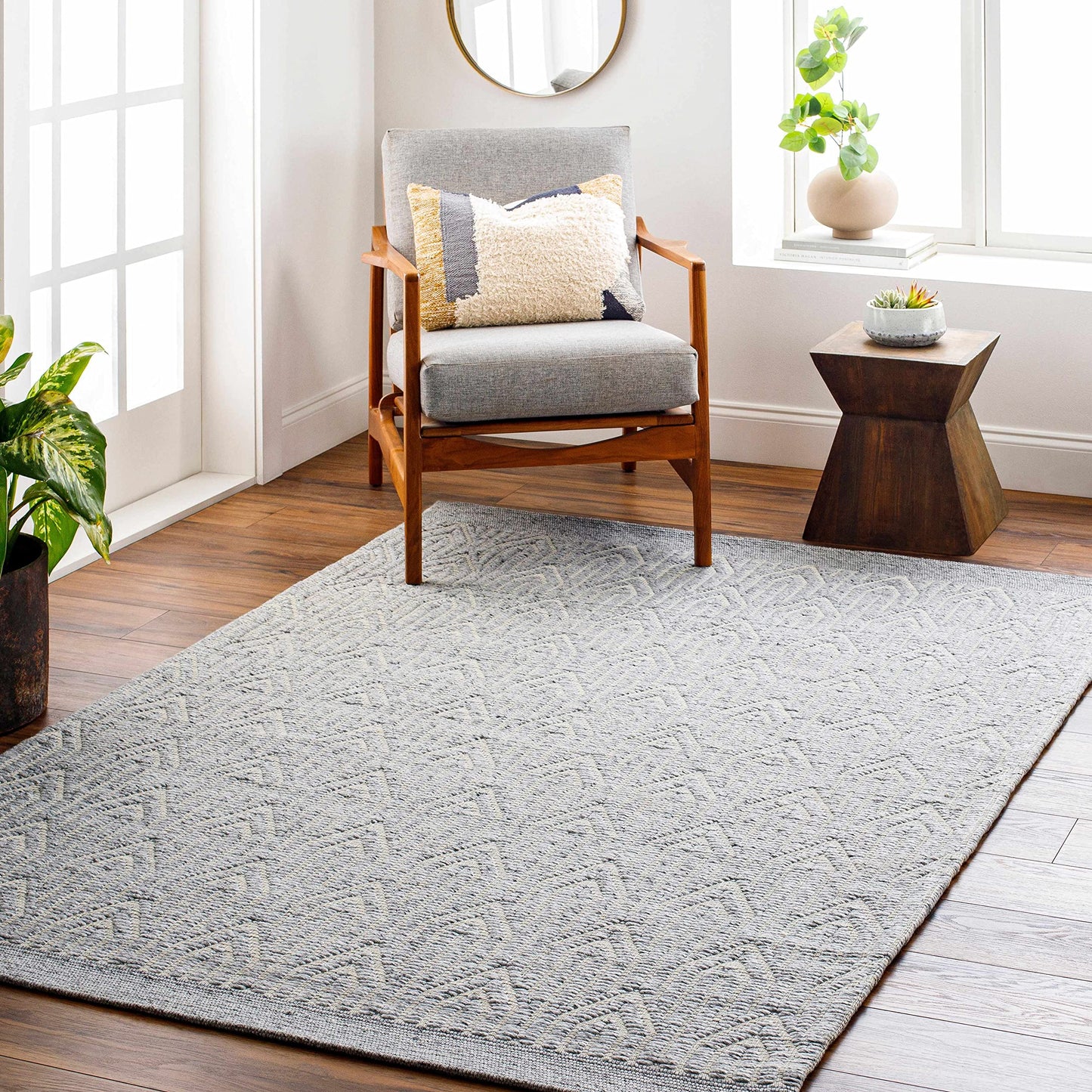 Hauteloom Peri Recycled Material Area Rug - Geometric Abstract Border Scalloped Diamond - Contemporary Modern Minimalist Transitional Scandinavian - Gray, Cream, Black, Beige, Charcoal - 2' x 3'